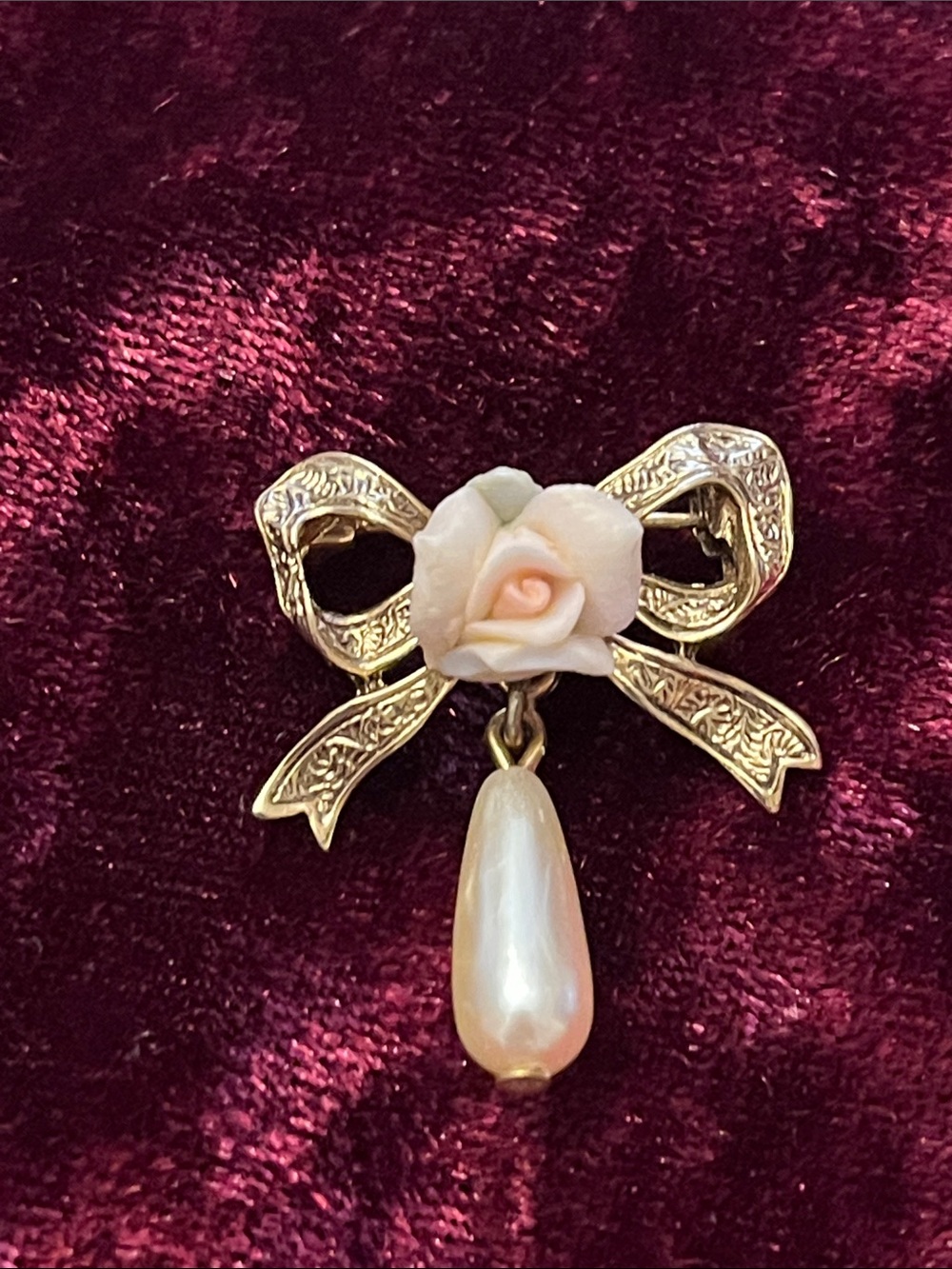 Vintage Gold-Tone Bow Brooch with Pink Porcelain Rose & Faux Pearl Drop